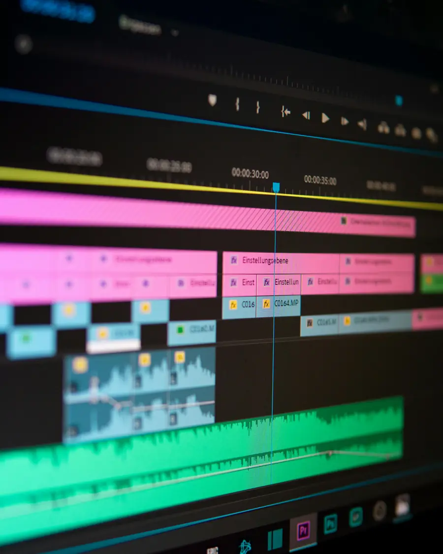 Timeline de montage Premiere Pro avec pistes vidéo et audio colorées